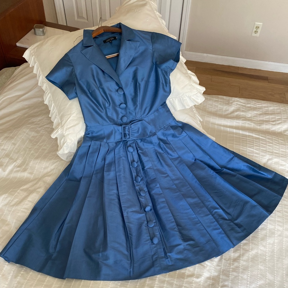 Cocktail dress Terijon 100% silk taffeta short sleeve, shirt dress design.